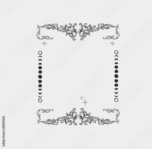 Hand drawn vector abstract outline,graphic,line vintage baroque ornament floral frame in calligraphic elegant modern style.Baroque floral vintage outline design concept.Vector antique frame isolated.