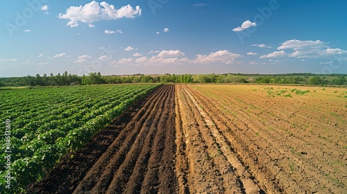 Drought destroys cultivated plants. Rows of dry trees on the dry land in summer photo