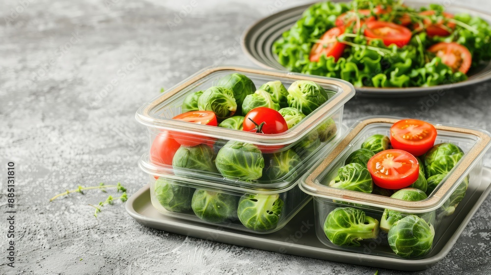 Fresh Brussels Sprouts and Cherry Tomatoes in Glass Containers Fresh Brussels Sprouts and Cherry Tomatoes in Glass Containers