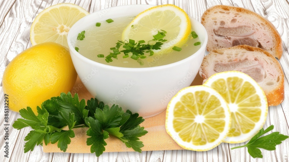 Lemon and Parsley Garnish Brighten a Bowl of Chicken Broth Lemon and Parsley Garnish Brighten a Bowl of Chicken Broth