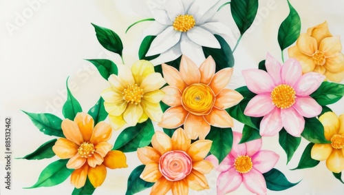 Watercolor Illustration of Flowers Petals and Leaves on White Canvas