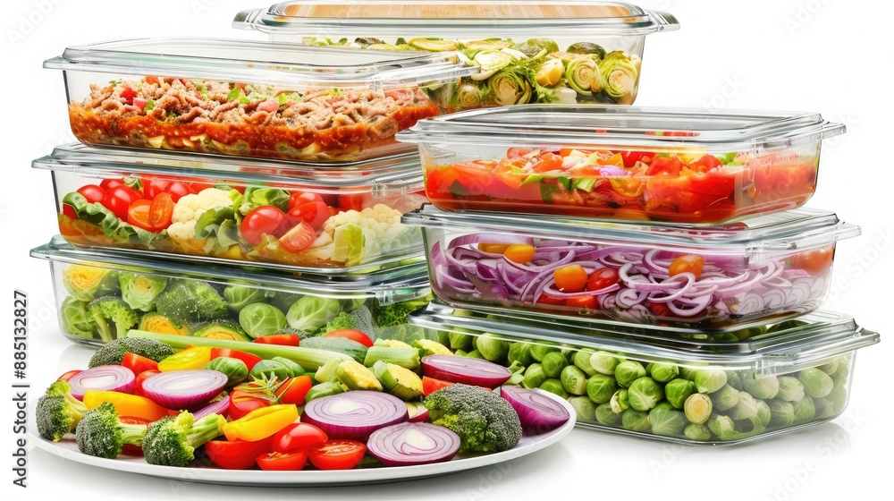 A Colorful Tower of Fresh Ingredients in Glass Dishes A Colorful Tower of Fresh Ingredients in Glass Dishes