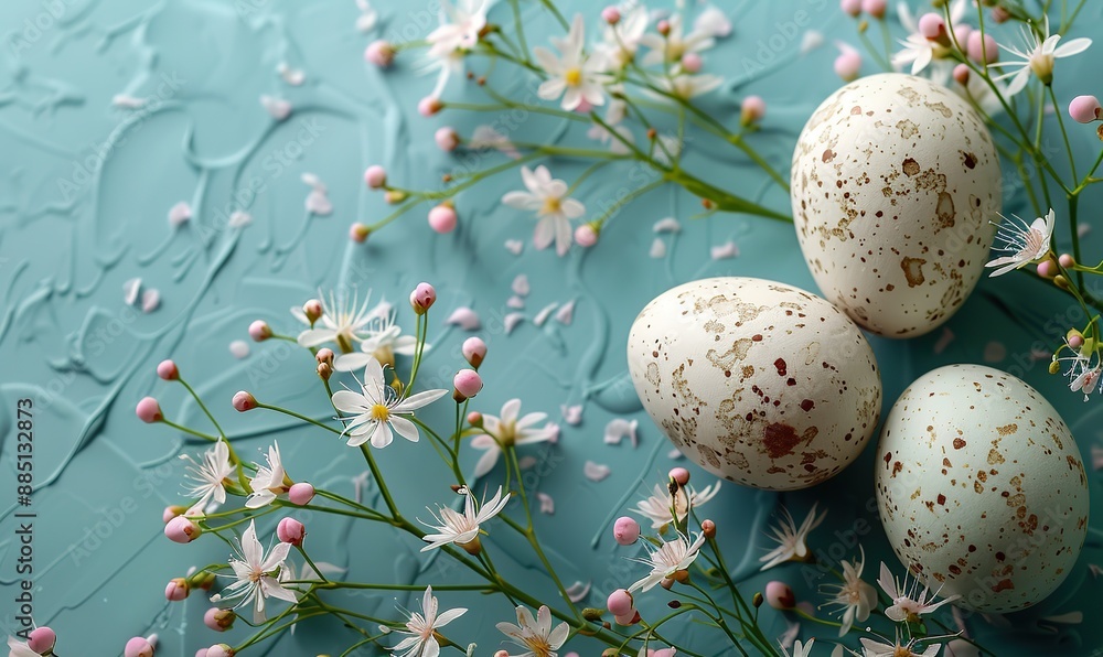 Fototapeta premium easter egg,marble stone effect,spring flowers on pastel blue background top view flat lay