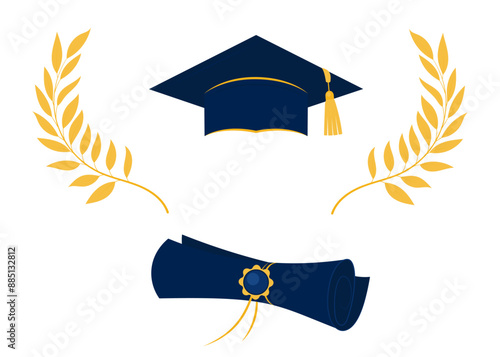 Set of graduation attributes. Diploma, cap with tassel, laurel branches. Design elements for background, card, poster, scrapbooking, advertising, flyer.