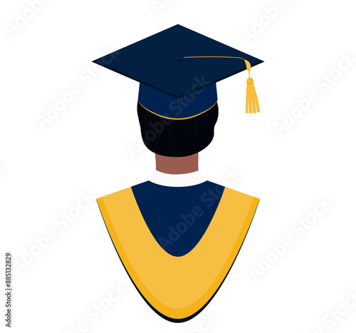 Graduate student portrait view from the back. Young man bust in graduation gown and cap. Design element for avatar, card, post, banner, flyer, scrapbooking.