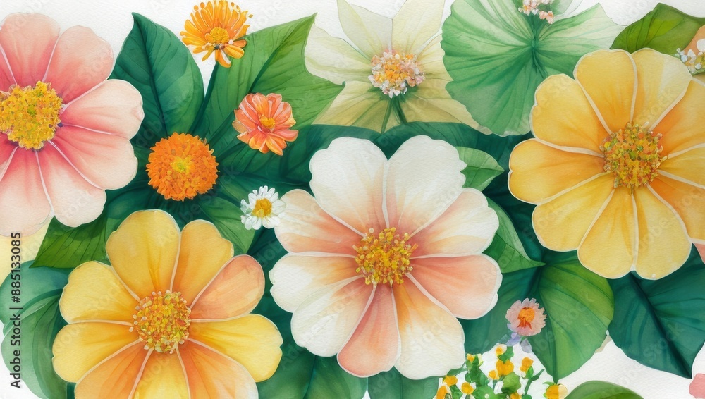Watercolor Illustration of Flowers Petals and Leaves on White Canvas Watercolor Illustration of Flowers Petals and Leaves on White Canvas