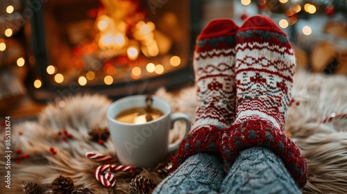Woolen socks by the Christmas fireplace