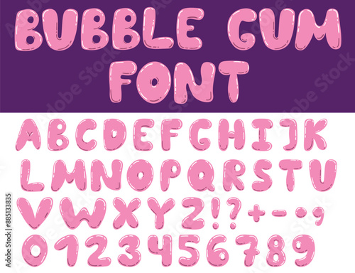 Cute pink bubble gum font with numbers and signs isolated, 1990 vibe type, Y2K style alphabet