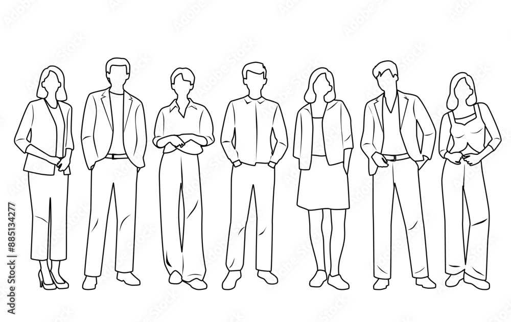 Vector silhouettes of men and a women, a group of standing business people, linear sketch, black and white color isolated on white background Vector silhouettes of men and a women, a group of standing business people, linear sketch, black and white color isolated on white background