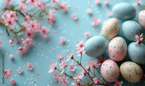elegant easter eggs decorated flowers print on pastel blue background flat lay top view,copy space