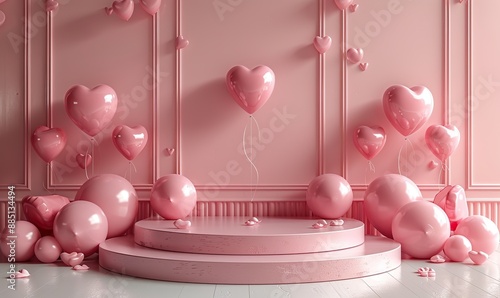 valentines background,empty podium for product display,heart shaped balloons on pink background © Claudine
