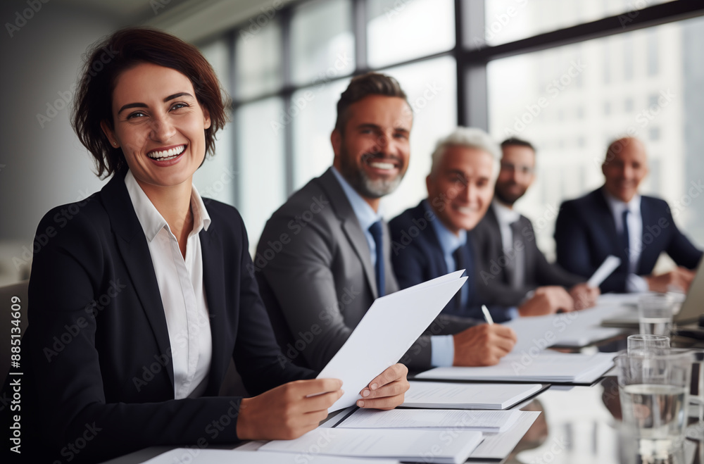 Business Team Smiling and Holding Documents at a Meeting in a Modern Office Setting with Large Windows Business Team Smiling and Holding Documents at a Meeting in a Modern Office Setting with Large Windows
