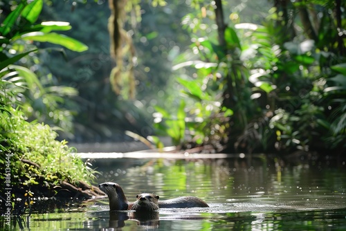 Two Otters Swimming in a Lush Tropical River