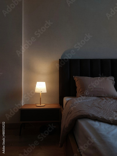 Cozy and minimalist bedroom corner with a bed and with a table lamp on a wooden nightstand