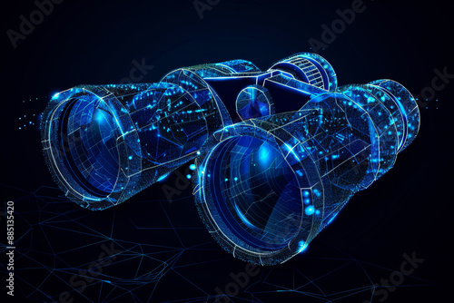 Abstract blue digital technology binoculars made of lines and dots on a dark background, 