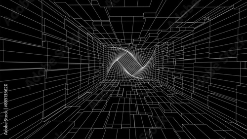 Futuristic damaged and distorted white box on the black background. Wireframe grid tunnel, network connection technology. Style portal pattern. Vector illustration.