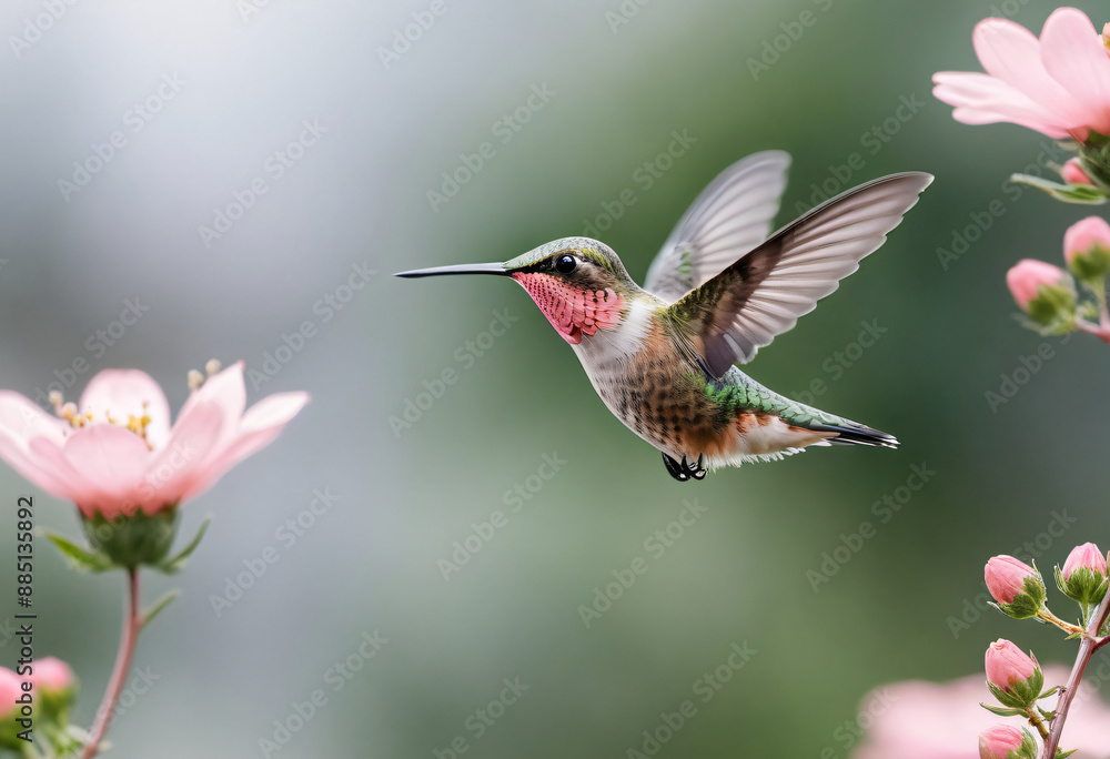 Fototapeta premium Hummingbird flying with pink flower