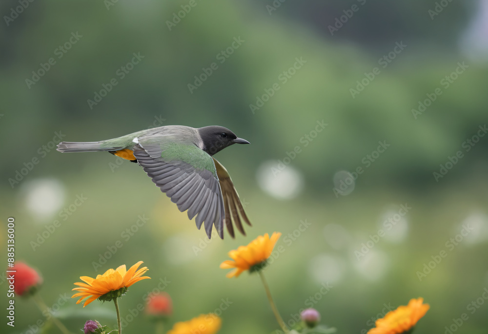 Fototapeta premium Bird flying with flower