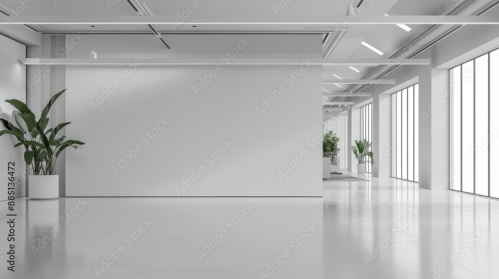 Naklejka premium White open space office interior with blank wall
