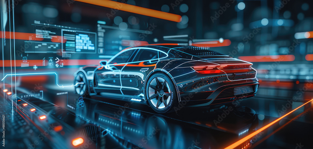 An electric car with holographic projection, surrounded by data visualizations and graphs, A digital interface displaying various performance bars highlights speed, battery level, and energy use. An electric car with holographic projection, surrounded by data visualizations and graphs, A digital interface displaying various performance bars highlights speed, battery level, and energy use.