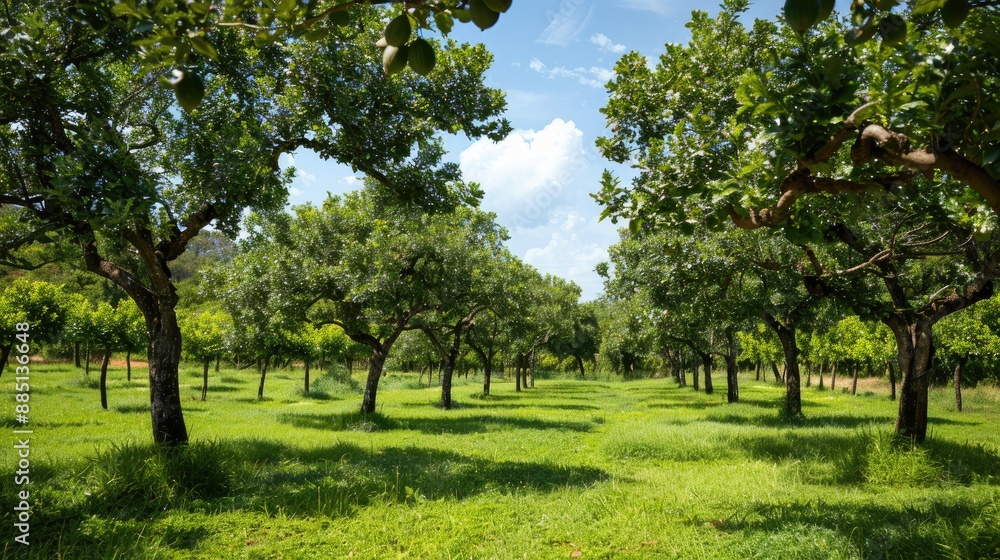 Idyllic fig orchard with trees full of ripe figs, lush green landscape under blue skies. Idyllic fig orchard with trees full of ripe figs, lush green landscape under blue skies.