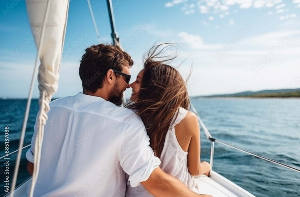 Couple enjoying a romantic sailing trip, sitting close together on a boat, surrounded by blue ocean and clear sky, highlighting love and adventure Couple enjoying a romantic sailing trip, sitting close together on a boat, surrounded by blue ocean and clear sky, highlighting love and adventure