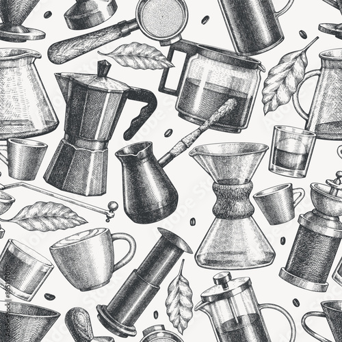 Alternative Coffee Makers Seaamless Pattern. Vector Hand Drawn Specialty Coffee Equipment Background. Vintage Style Coffee Bar Design 
