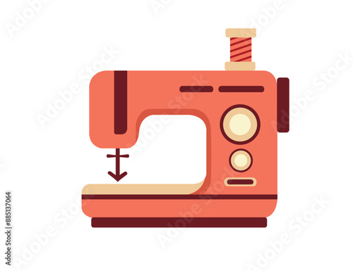 Retro red sewing machine with skein of thread. Vintage equipment for hobby or dressmaker vector illustration isolated on white background