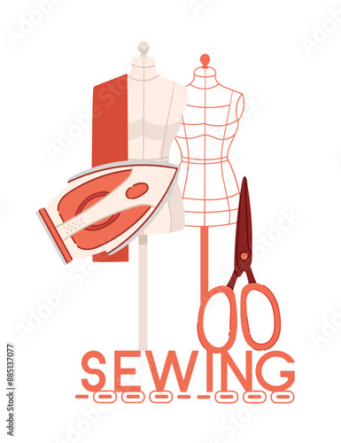 Sewing banner design. Retro red sewing machine with skein of thread and with dummy mannequin. Vintage equipment for hobby or dressmaker. vector illustration on white background