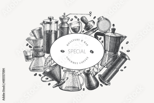 Alternative Coffee Makers Illustration. Vector Hand Drawn Specialty Coffee Equipment Banner. Vintage Style Coffee Bar Design 