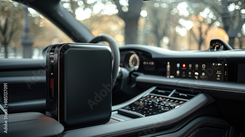 A sleek black mini fridge is securely placed on the center console of a car. The fridge fits snugly between the front seats, blending with the modern interior design of the vehicle. Generative AI. photo