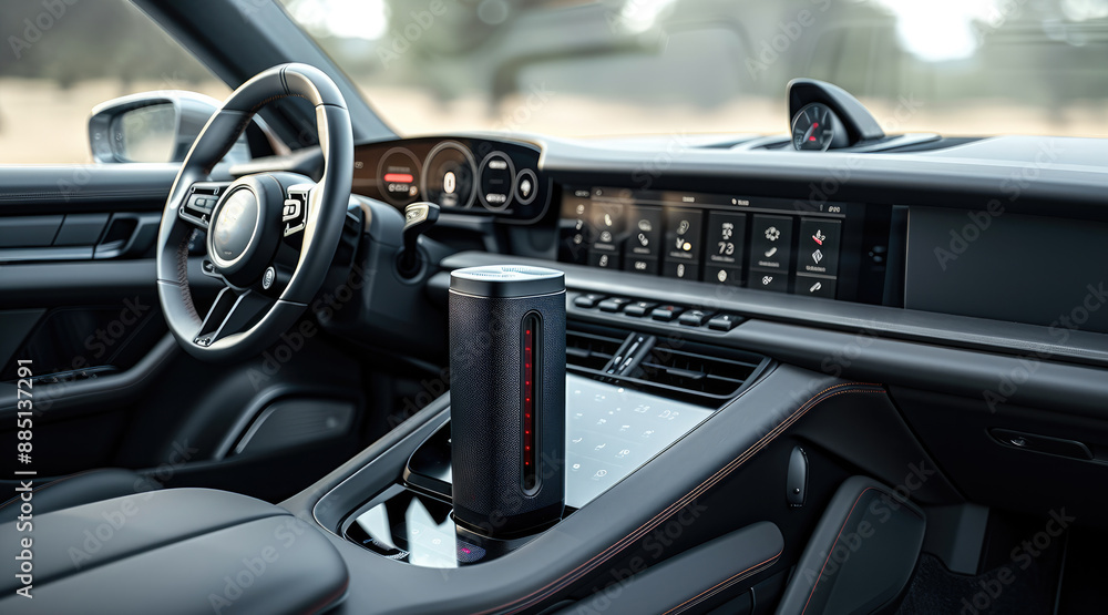 A sleek black mini fridge is securely placed on the center console of a car. The fridge fits snugly between the front seats, blending with the modern interior design of the vehicle. Generative AI. A sleek black mini fridge is securely placed on the center console of a car. The fridge fits snugly between the front seats, blending with the modern interior design of the vehicle. Generative AI.
