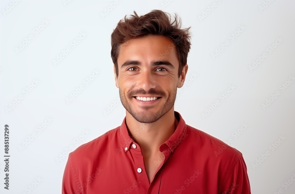 Smiling man in a red shirt standing against a white background, expressing positivity and friendliness with his bright smile Smiling man in a red shirt standing against a white background, expressing positivity and friendliness with his bright smile