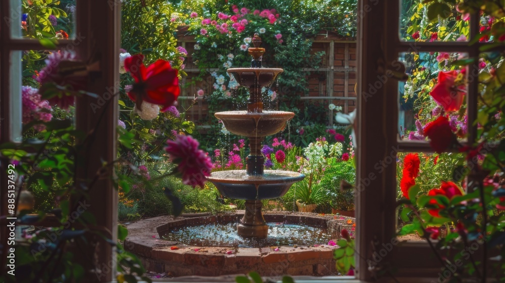 Serene garden with a beautiful fountain viewed through open french doors. Bright flowers and lush greenery surround the peaceful water feature.