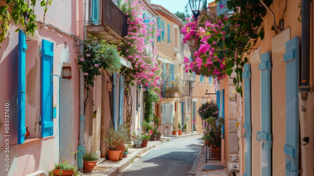 Obraz premium Charming Mediterranean street lined with colorful houses. Bright blue windows, blooming flowers, and narrow road. Serene and picturesque alleyway.