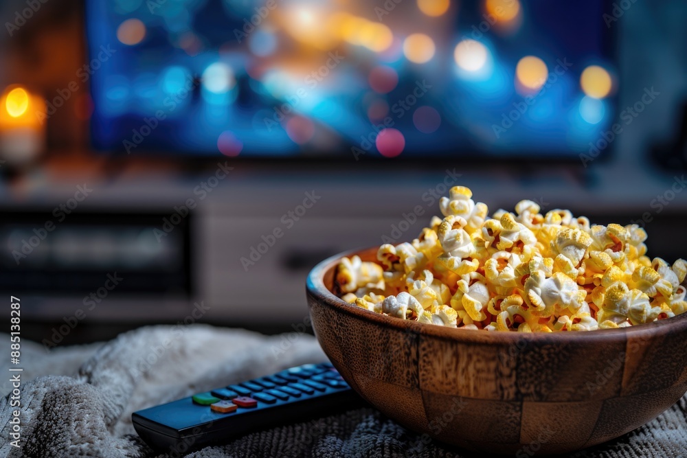 TV Movie Night: Wooden Bowl of Popcorn with Remote Control in Front of a Working TV Screen TV Movie Night: Wooden Bowl of Popcorn with Remote Control in Front of a Working TV Screen