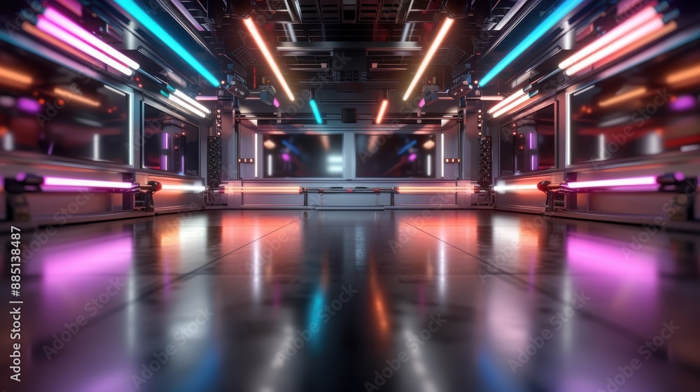 A futuristic room filled with vibrant neon lights of different colors, creating an immersive and dynamic atmosphere that evokes a sense of modern technology and advanced design. A futuristic room filled with vibrant neon lights of different colors, creating an immersive and dynamic atmosphere that evokes a sense of modern technology and advanced design.