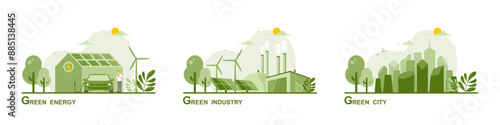 Caring for the environment and using clean green energy, Renewable energy sources net zero emission concept, Electric vehicle Technology, Wind power generator and Photovoltaics system industrial.