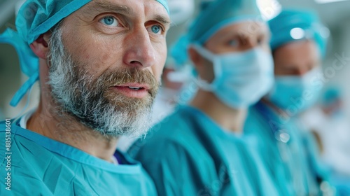 Medical professionals, likely surgeons, are pictured in a sterile operating room setting. They are dressed in blue scrubs and surgical caps, symbolizing healthcare and precision. photo