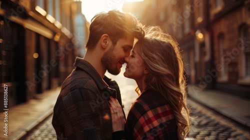 Romantic couple shares a kiss on a cobblestone street at sunset, warm light enhancing the intimate moment