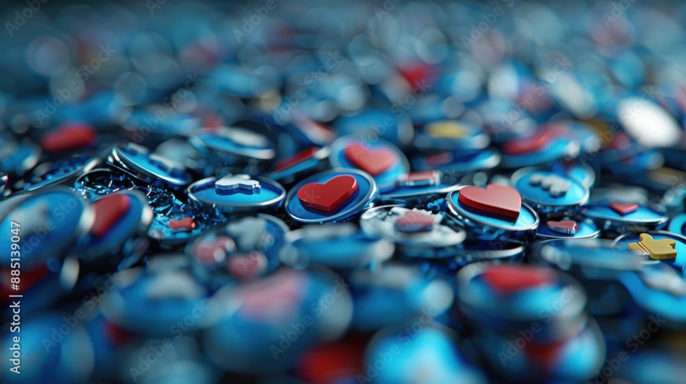 Fototapeta premium A vibrant collection of blue heart and social media icons scattered randomly against a dark background. The bright colors and contrasting elements add a cheerful aesthetic.