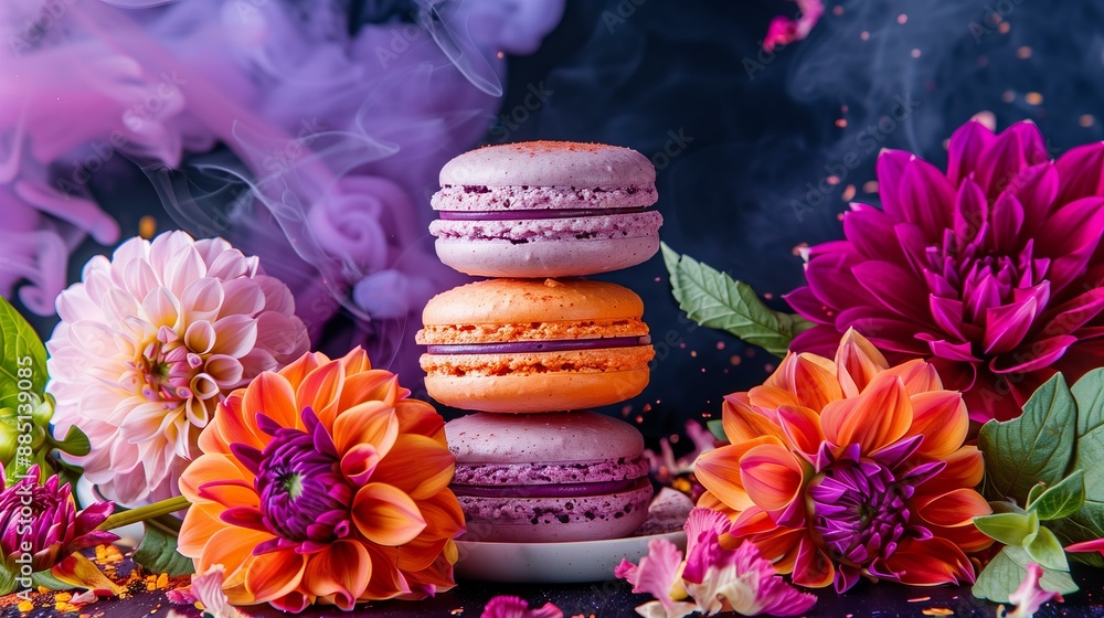 colorful macarons in shades of dark purple, and orange, arranged with vibrant orange and purple dahlias on a dark background, with purple smoke for Halloween or Thanksgiving colorful macarons in shades of dark purple, and orange, arranged with vibrant orange and purple dahlias on a dark background, with purple smoke for Halloween or Thanksgiving