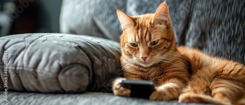Wallpaper Mural Ginger cat using smartphone on grey sofa, adorable and tech-savvy Torontodigital.ca