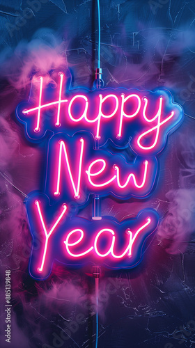 Vibrant fun pink purple blue neon Happy New Year lights sign glowing smoke effect futuristic celebration banner design nightlife party club pub events promo ad urban parties advert concept