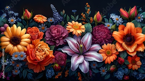A vibrant vector illustration of various flowers, including roses, lilies, and daisies, arranged in a symmetrical pattern with intricate details and bright colors