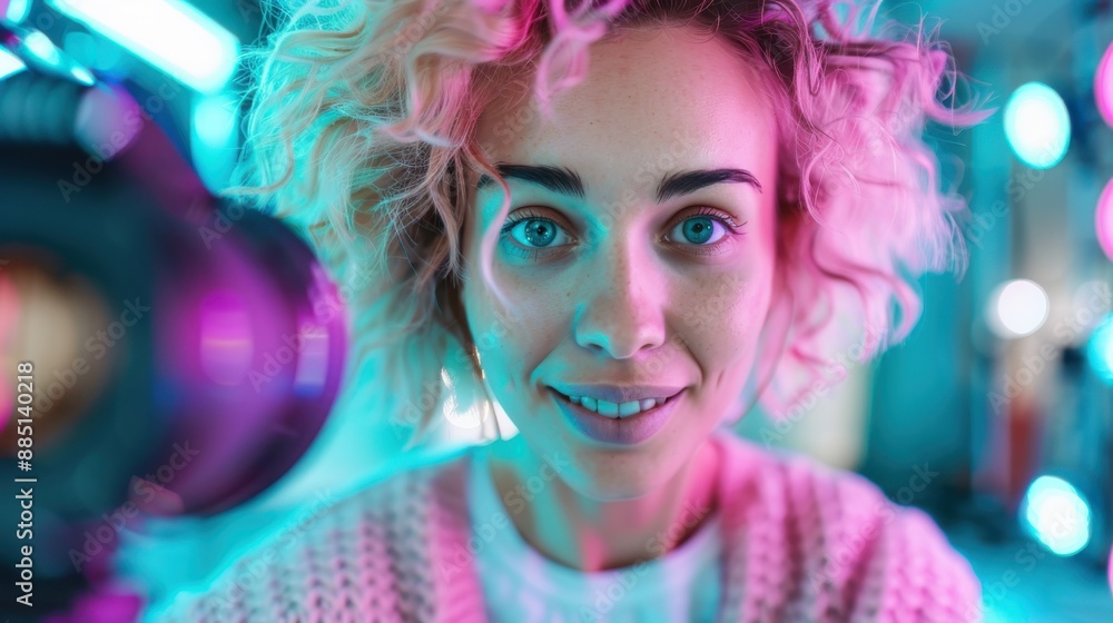 A close-up shot of a woman with curly hair and a smile, set against a vibrant background with pink and blue neon lights, capturing a modern and vibrant atmosphere. A close-up shot of a woman with curly hair and a smile, set against a vibrant background with pink and blue neon lights, capturing a modern and vibrant atmosphere.