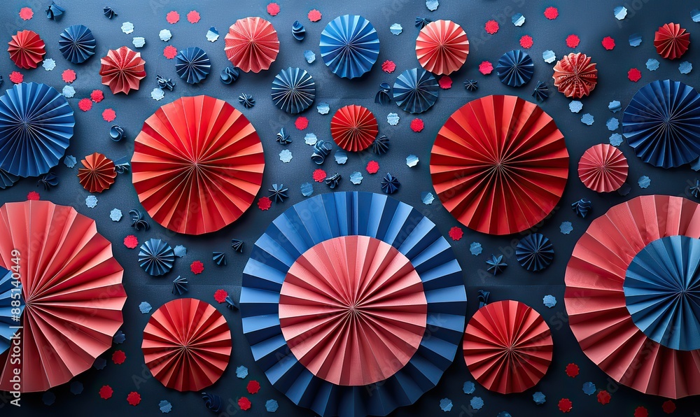white blue red paper fans,confetti stars on white table usa th of july labor day presidents day holiday sale banner white blue red paper fans,confetti stars on white table usa th of july labor day presidents day holiday sale banner