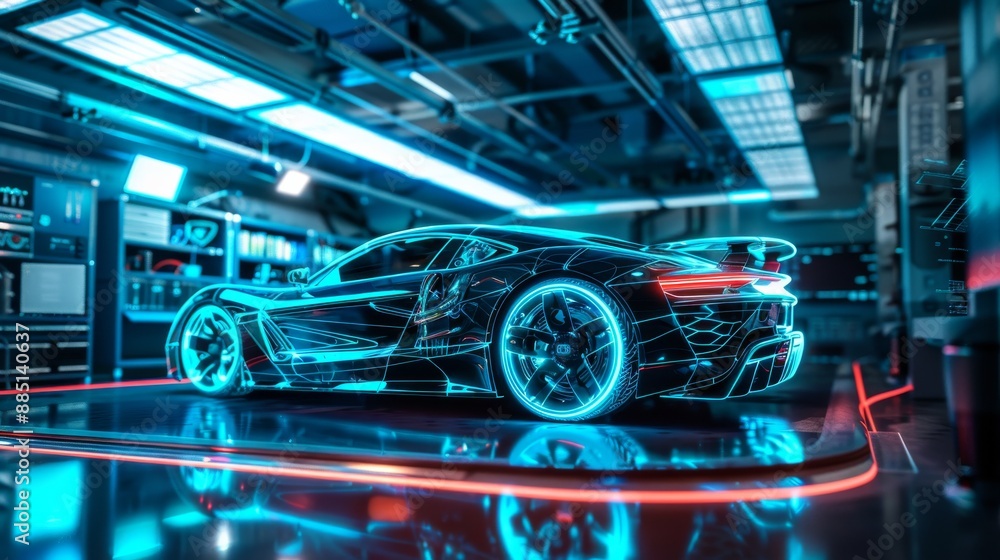Futuristic Sports Car with Neon Blue Holographic Design in a High-Tech Garage Futuristic Sports Car with Neon Blue Holographic Design in a High-Tech Garage