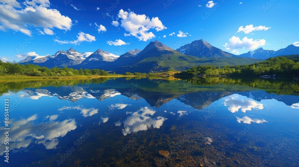Obraz premium A tranquil landscape featuring a mountain range reflected in a calm lake, with a clear blue sky and a few fluffy clouds, capturing the serene and majestic beauty of nature