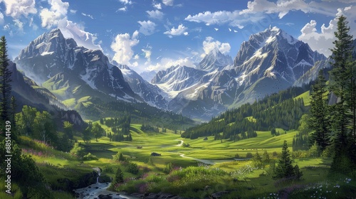 Picturesque mountain valley landscape with towering peaks and tranquil meadows.